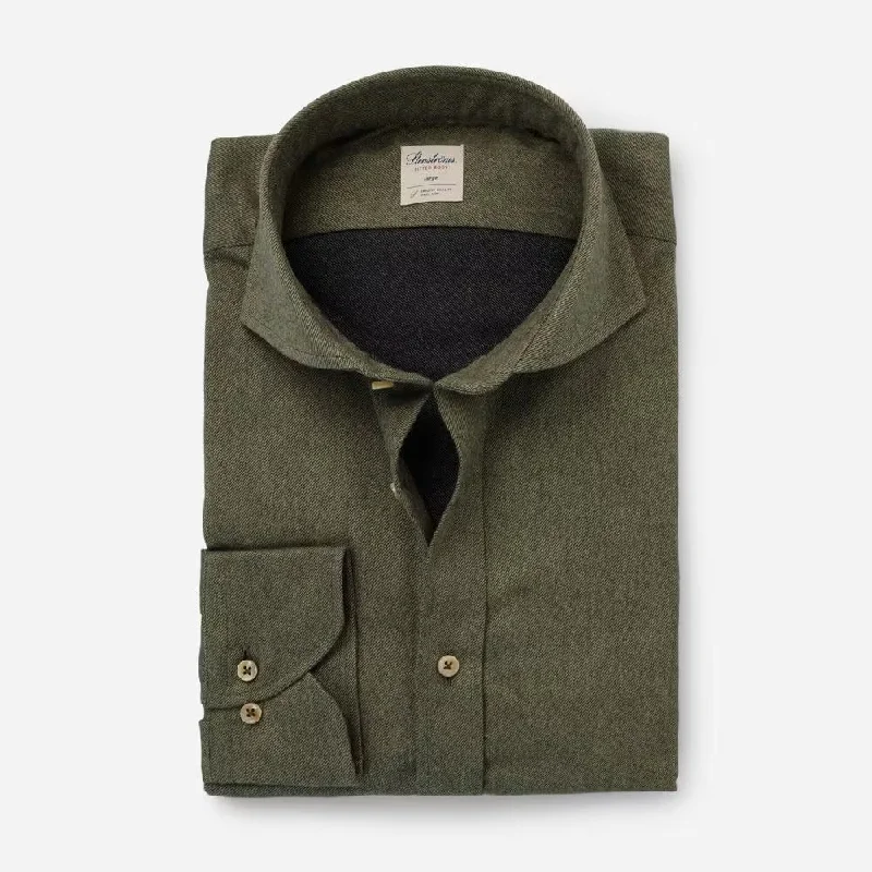 Final Clearance Olive Green Fitted Body Shirt In Luxury Flannel - Stenströms