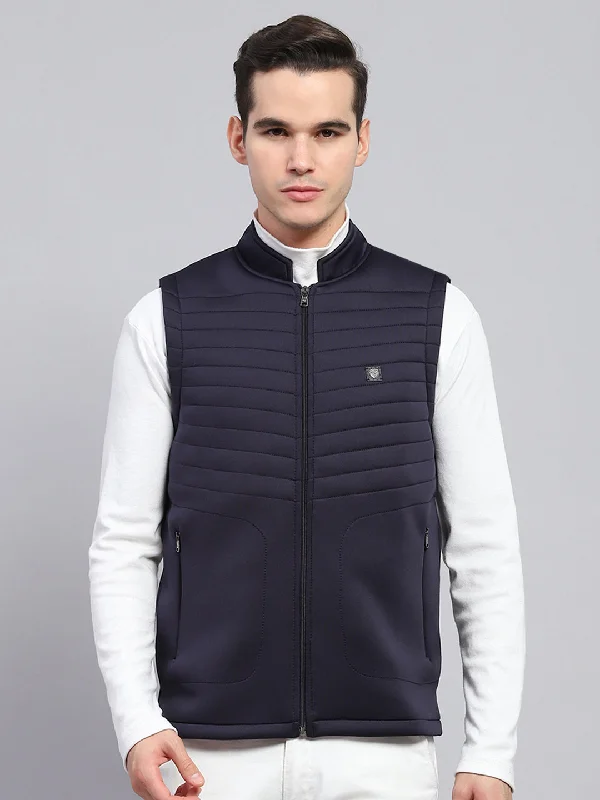 Unbeatable Prices Men Navy Blue Self Design Mock Neck Sleeveless Jacket