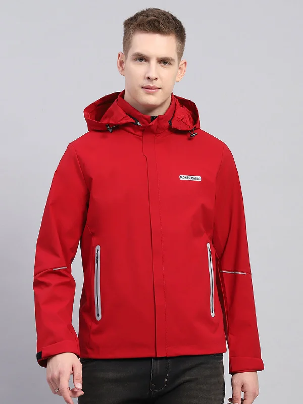 Shop and Save Men Red Solid Detachable Hood Full Sleeve Jacket