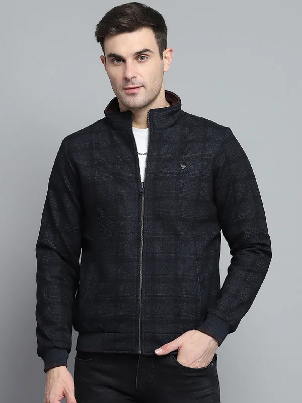Deal Frenzy Men Navy Blue Solid Mock Neck Full Sleeve Jacket