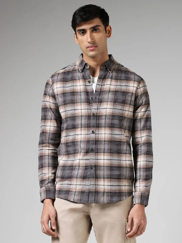 Deal Mania WES Casuals Taupe Plaid Checked Cotton Slim-Fit Shirt
