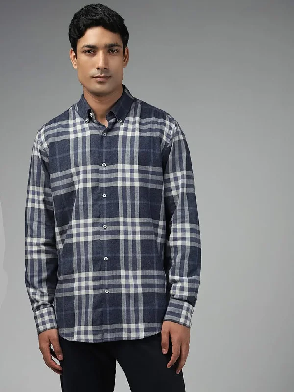 Extra Savings Ascot Navy Checked Cotton Blend Relaxed-Fit Shirt