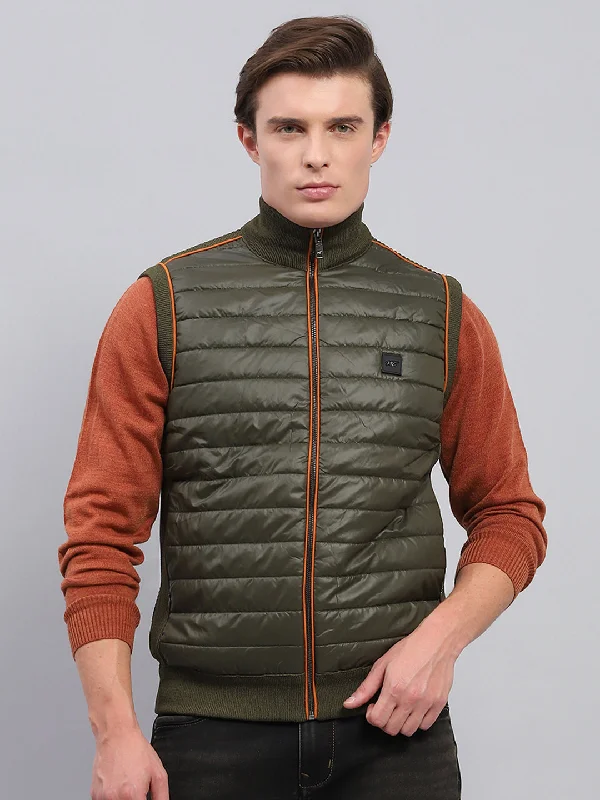 Limited Edition Men Green Solid Mock Neck Sleeveless Jacket