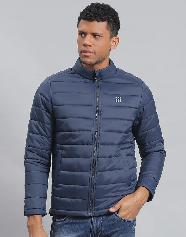 Value Deals Men Navy Blue Solid Stand Collar Full Sleeve Jacket