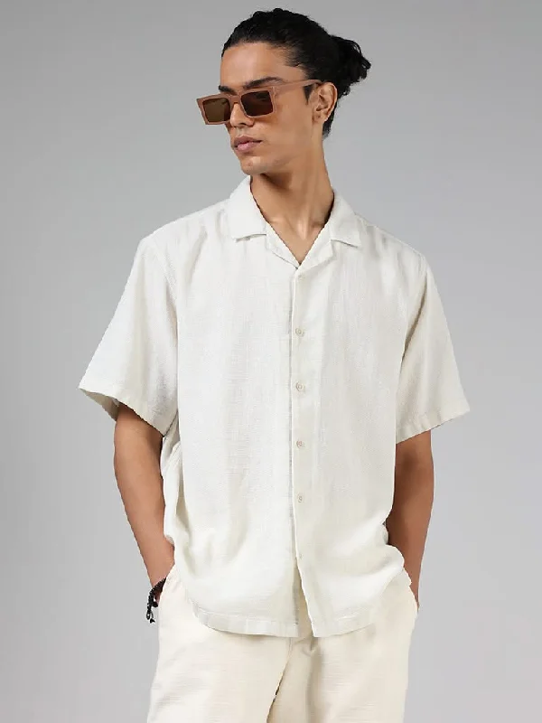 Deal Alert ETA Off White Self-Textured Cotton Resort-Fit Shirt