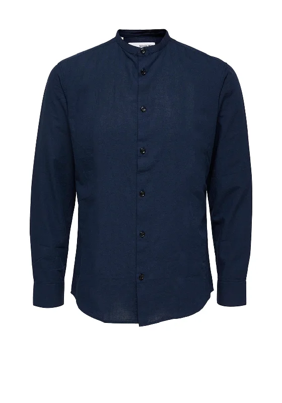 Weekend Specials to Snag Selected Homme Linen Grandad Collar Shirt, Dark Sapphire
