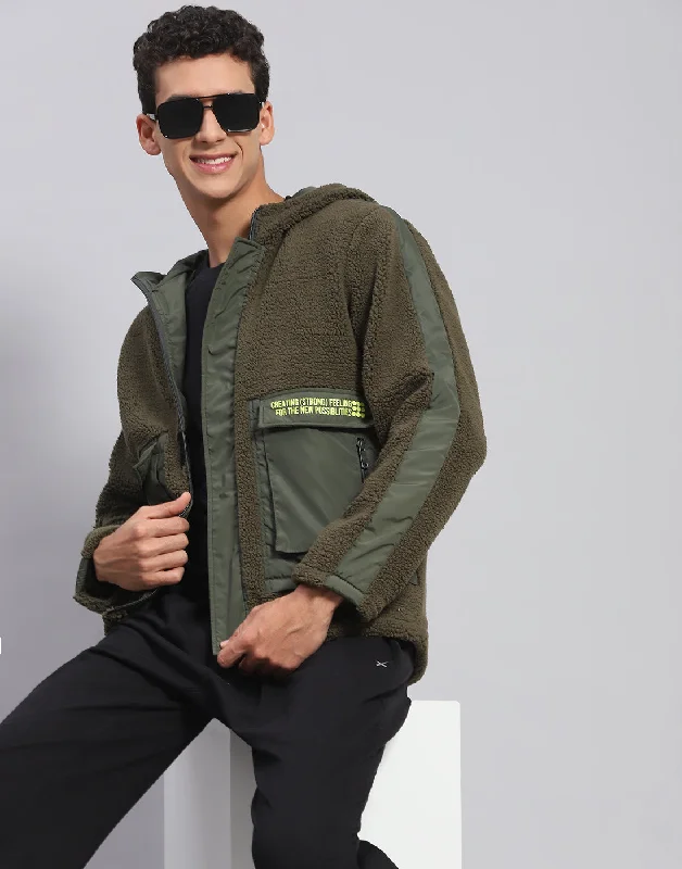 Special Buy Men Olive Solid Hooded Full Sleeve Jacket