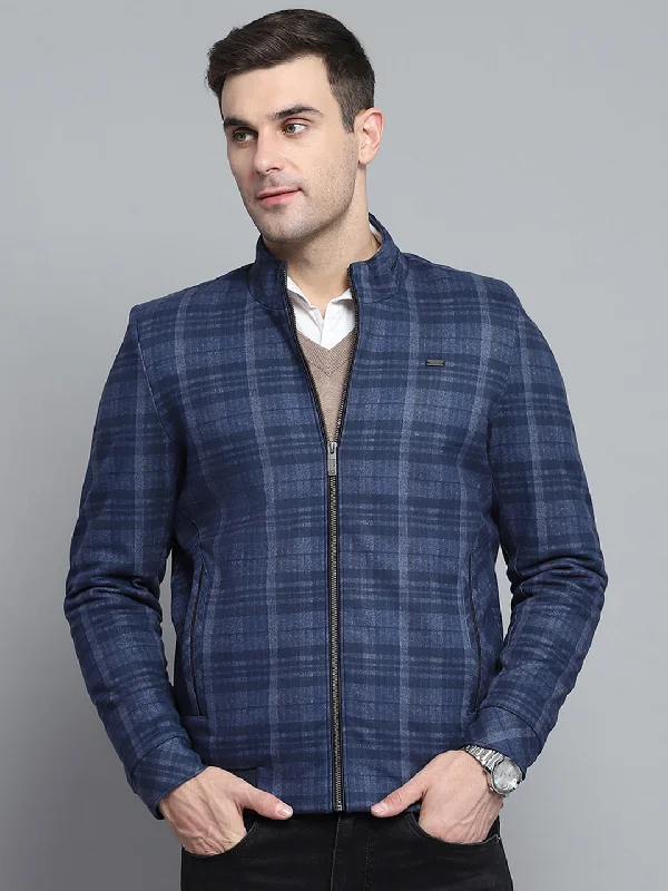 Big Discounts Men Navy Blue Self Design Mock Neck Full Sleeve Jacket