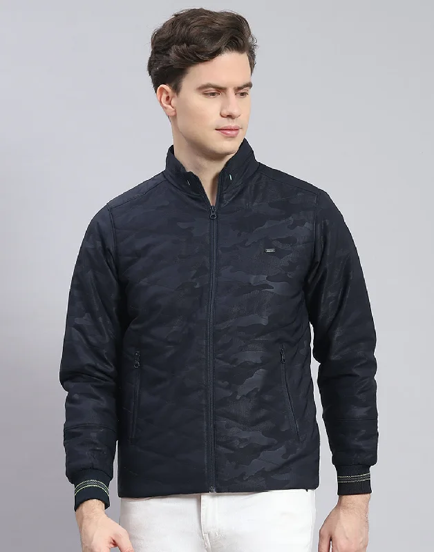 Quick Sale Men Navy Blue Solid Stand Collar Full Sleeve Jacket