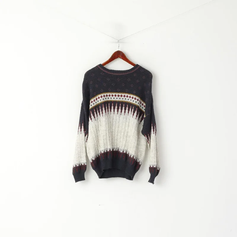 Daily Special ICELAND Men L Jumper Navy Acrylic Nordic Crew Neck Made in Italy Sweater