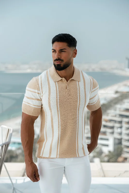 Act Fast Father Sons Classic Beige / Off White Knitted Vertical Stripe Polo Short Sleeve - FSN107