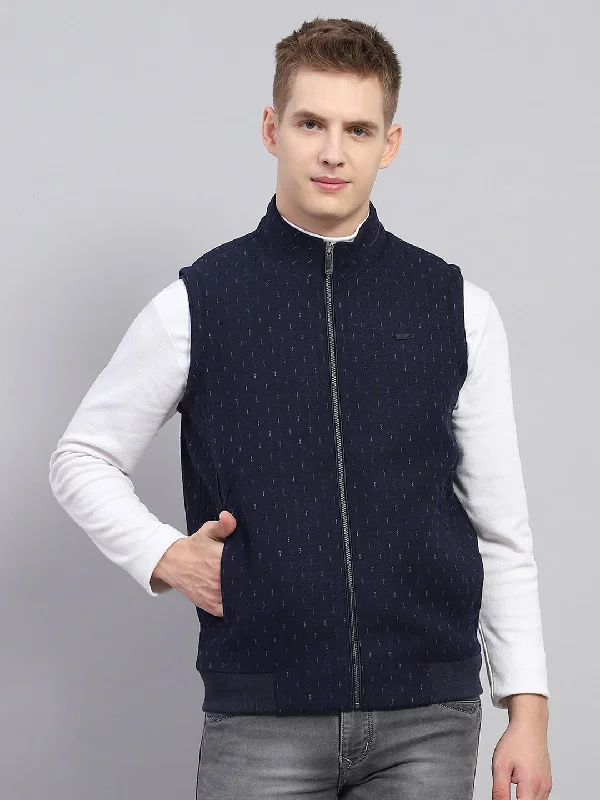 Huge Discounts Men Navy Blue Printed Mock Neck Sleeveless Jacket