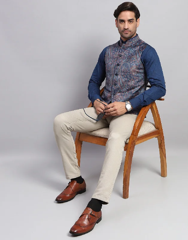 Major Savings Men Multicolor Floral Print Band Collar Sleeveless Nehru Jacket