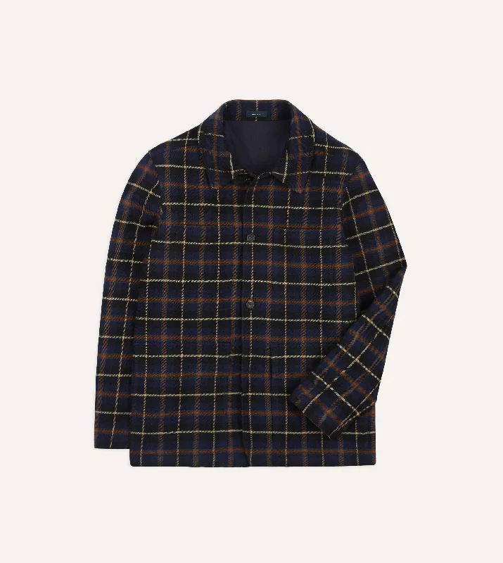 Super Sale Navy Check Wool-Cotton Four-Pocket Chore Jacket