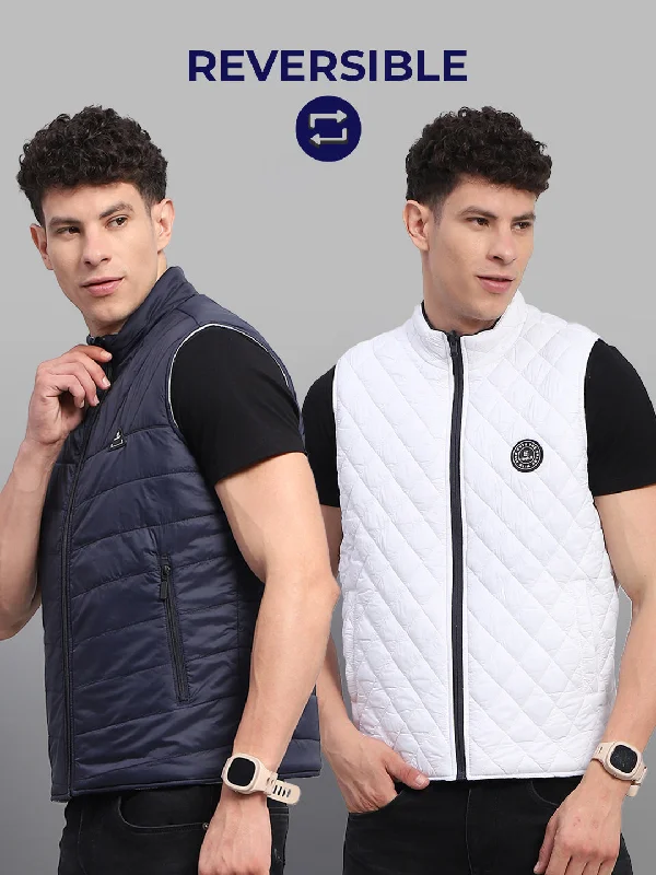 Price Smash Men Navy Blue Solid Mock Neck Sleeveless Reversible Jacket