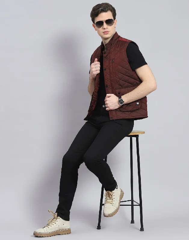 Price Meltdown Men Maroon Solid Stand Collar Sleeveless Jacket