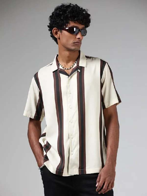 Can't Resist Nuon Off White & Brown Striped Relaxed-Fit Shirt