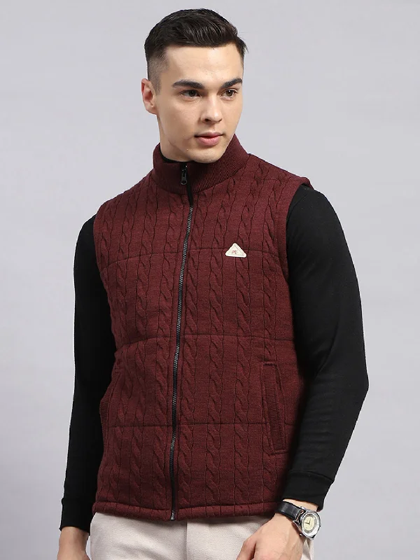 Savings Bonanza Men Maroon Self Design Mock Neck Sleeveless Jacket