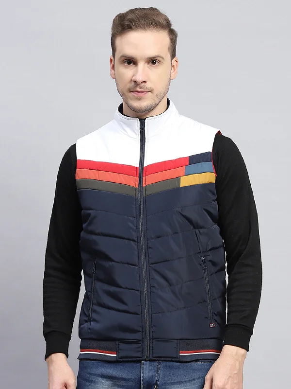 Get It Before It’s Gone Men Navy Blue Self Design Mock Neck Sleeveless Jacket