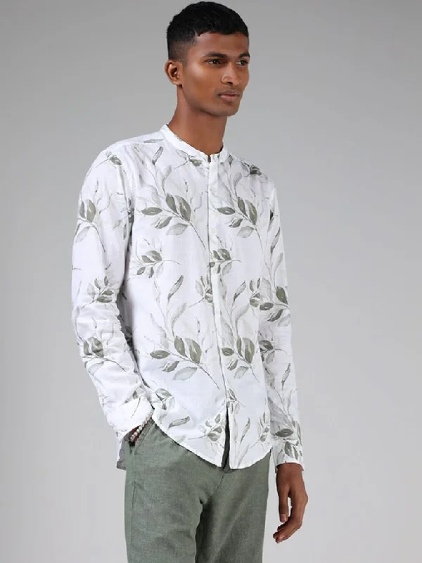 Special Savings ETA White Leaf Printed Cotton Resort-Fit Shirt