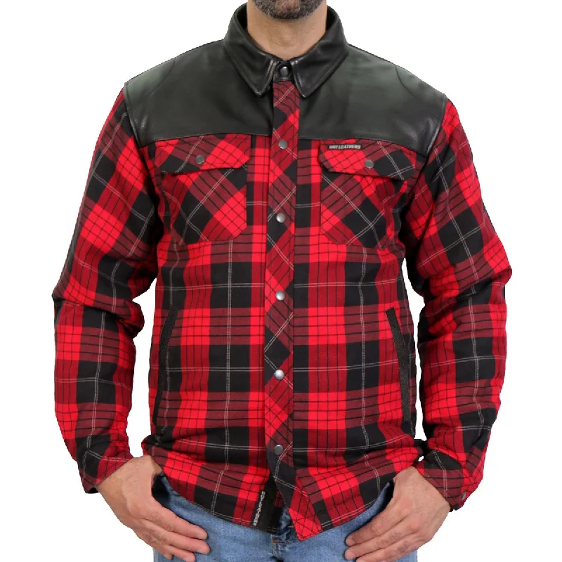 Year-End Deals Hot Leathers JKM3201 Men's Red and Black Kevlar Reinforced Leather and Plaid Flannel Shirt