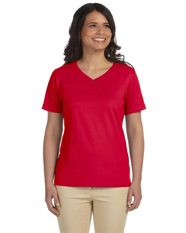 Great Bargains LAT Ladies Combed Cotton V-Neck T-Shirt | Red