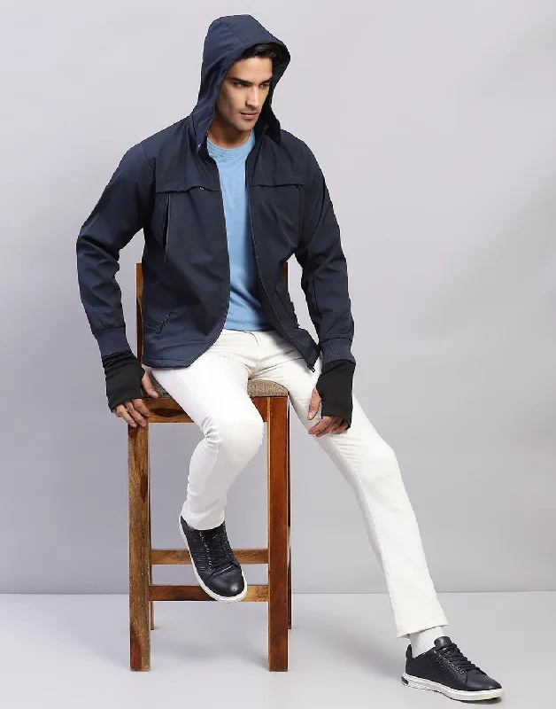 The Best Prices Men Navy Blue Solid Hooded Full Sleeve Jacket