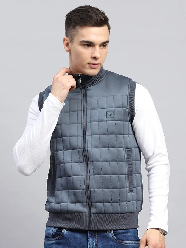 Special Discount Men Grey Self Design Mock Neck Sleeveless Jacket