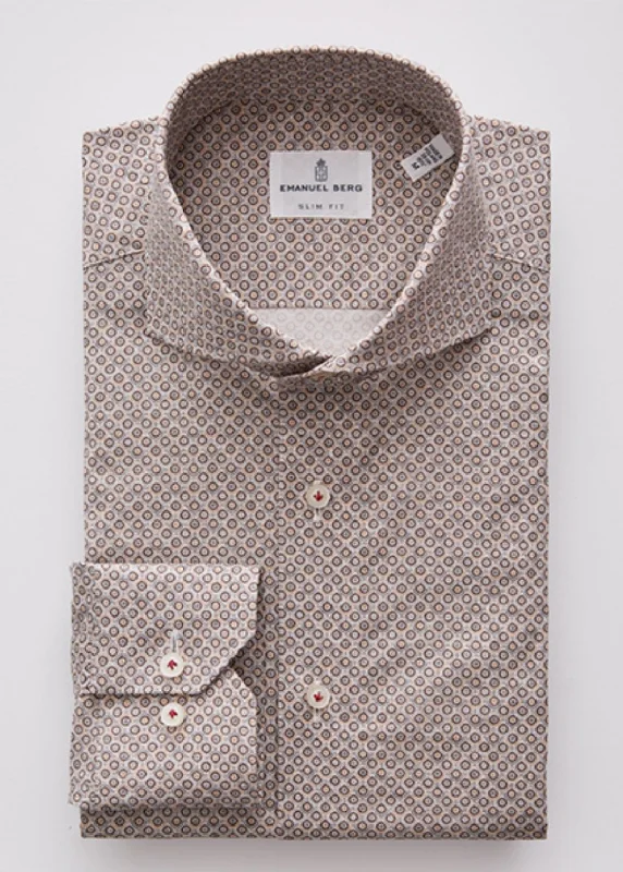 New Markdowns Geometric Printed Stretch Poplin Long Sleeve Shirt Brown SF18609