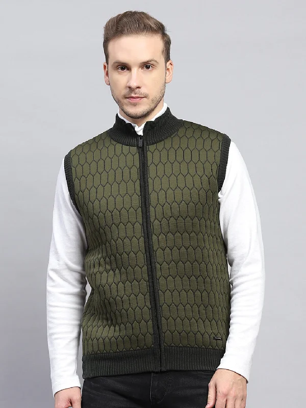 Discount Days Men Olive Self Design Mock Neck Sleeveless Jacket