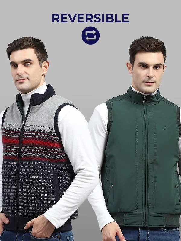 Loyalty Reward Men Green Solid Mock Neck Sleeveless Reversible Jacket