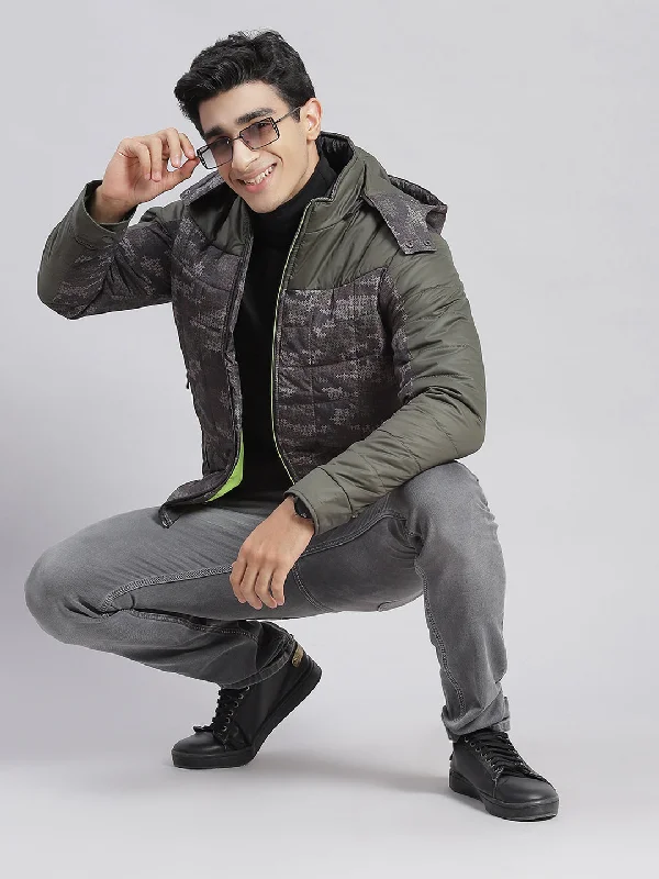 Buy Now Men Olive Printed Hooded Full Sleeve Jackets