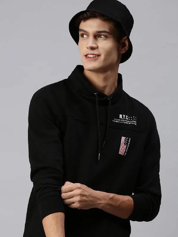 New Deal Men Hooded Solid Black Sweatshirt