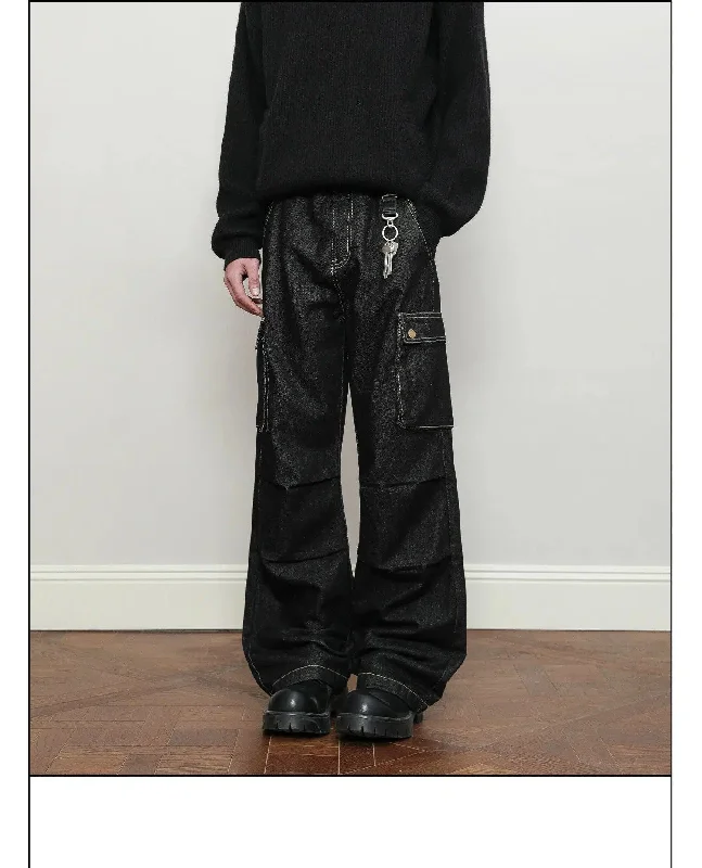 Reduced Rates Contrast Stitch Pleated Cargo Jeans