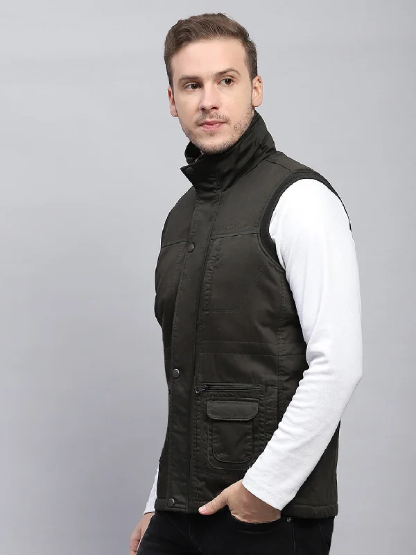 Mega Deal Men Olive Solid Collar Sleeveless Jacket
