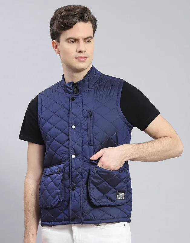 Price Break Men Blue Solid Stand Collar Sleeveless Jacket