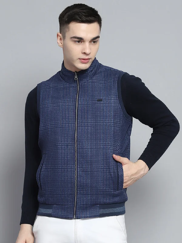 Crazy Deals Men Blue Solid Mock Neck Sleeveless Reversible Jacket