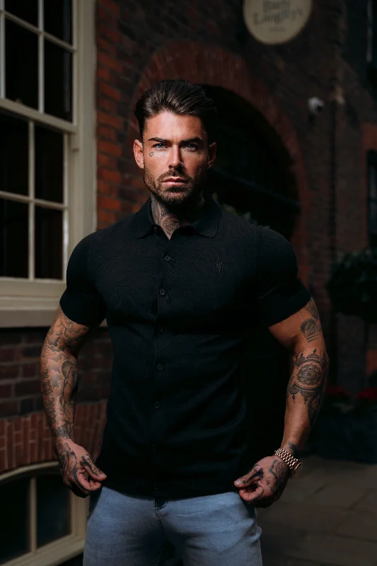 Don't Delay Father Sons Classic Plain Black Knitted Button Through Polo Short Sleeve - FSN101 Don't Delay Father Sons Classic Plain Black Knitted Button Through Polo Short Sleeve - FSN101
