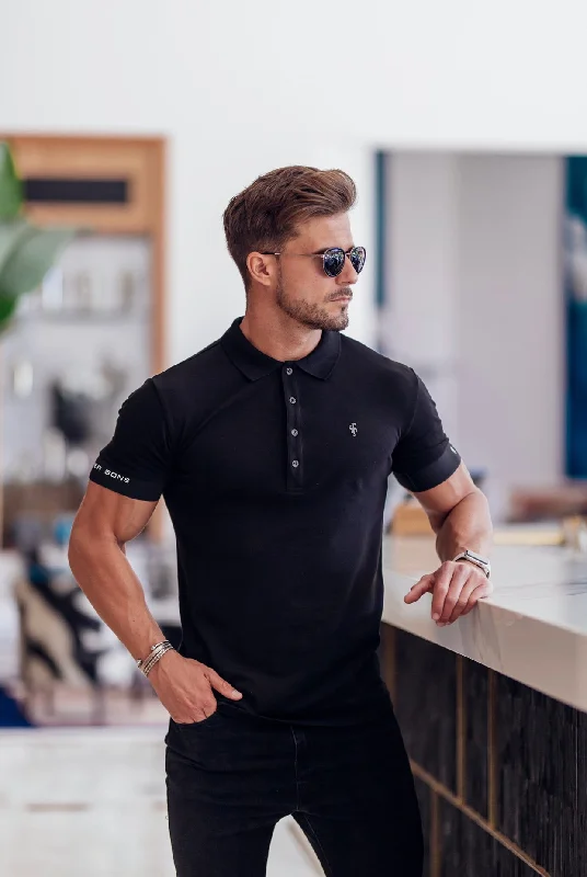 Shop and Save Father Sons Classic Black Polo with FS Elastic Sleeve Branding and Black Metal Emblem - FSH631 Shop and Save Father Sons Classic Black Polo with FS Elastic Sleeve Branding and Black Metal Emblem - FSH631