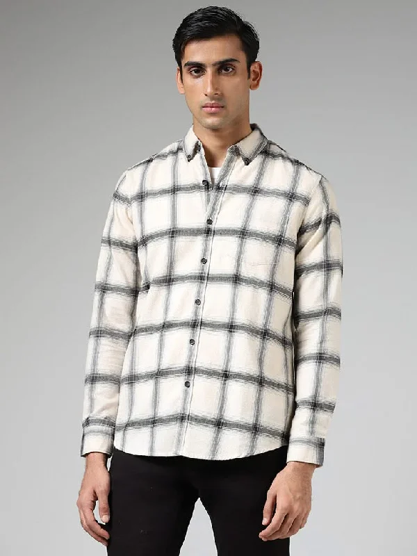 Buy Now WES Casuals Off White Plaid Checked Cotton Relaxed-Fit Shirt