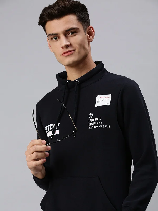 Weekend Specials You Can't Miss Men High Neck Graphic Print Navy Blue Sweatshirt