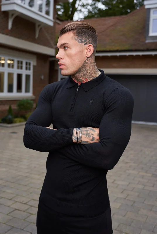 Weekend Shopping Made Better Father Sons Classic Black Merino Wool Knitted Zip Polo Long Sleeve Jumper With FS Embroidery- FSN010 Weekend Shopping Made Better Father Sons Classic Black Merino Wool Knitted Zip Polo Long Sleeve Jumper With FS Embroidery- FSN010