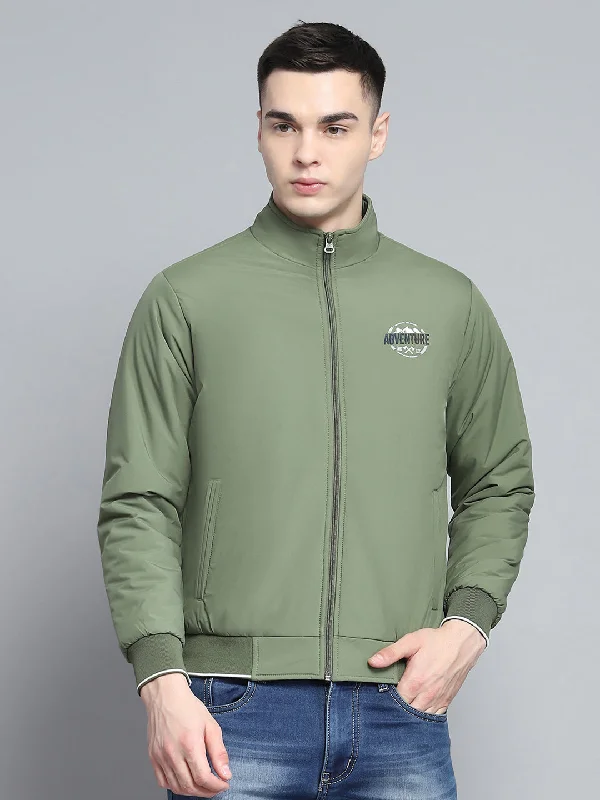 Discount Extravaganza Men Green Solid Mock Neck Full Sleeve Jacket