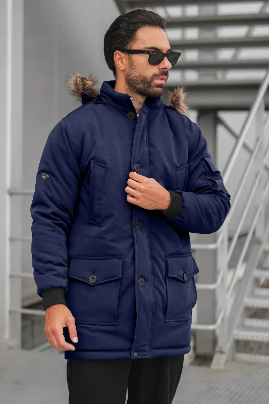 Deal Dash Imported Parka Long Coat - Navy (removable hood)