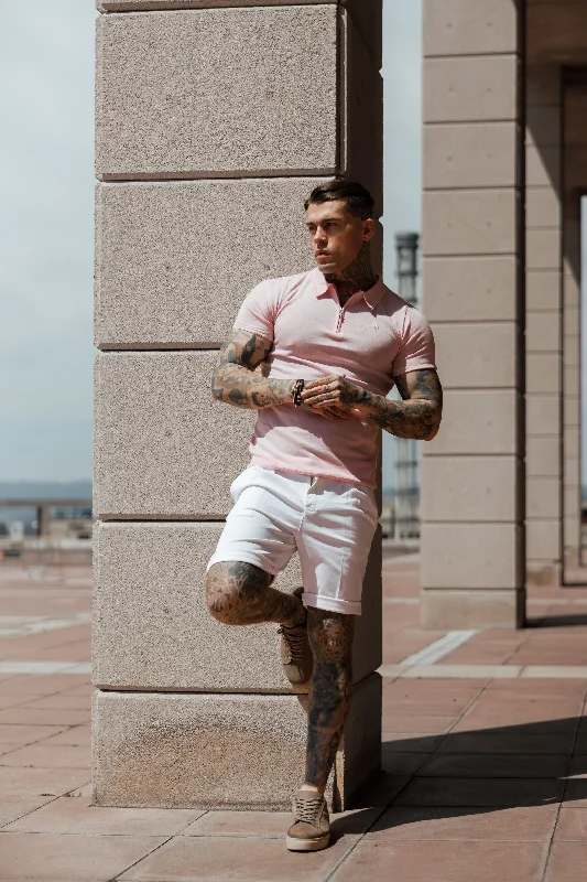 Weekend Discounts to Indulge In Father Sons Classic Pale Pink Merino Wool Knitted Zip Polo Short Sleeve Jumper With FS Embroidery- FSN029 Weekend Discounts to Indulge In Father Sons Classic Pale Pink Merino Wool Knitted Zip Polo Short Sleeve Jumper With FS Embroidery- FSN029