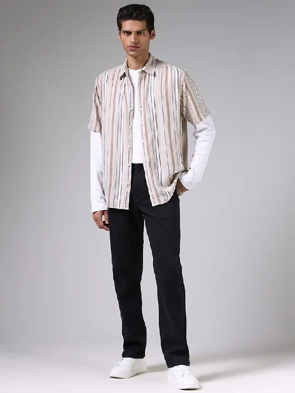 Special Discount Ascot Beige Striped Relaxed-Fit Blended Linen Shirt