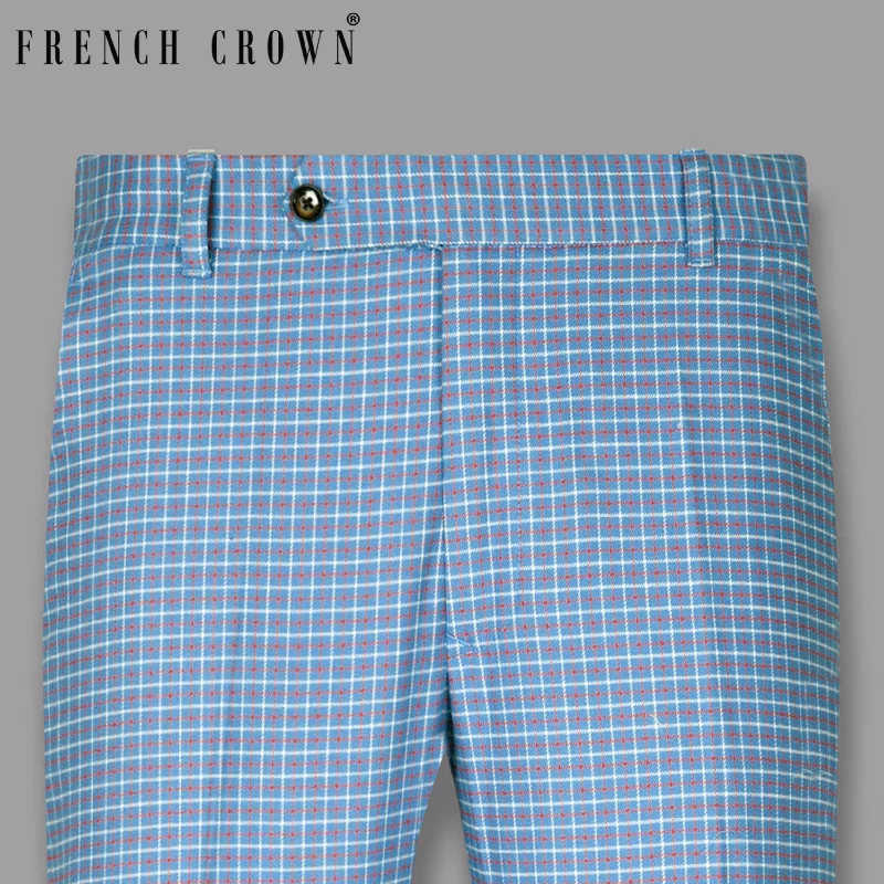 Clearance Sale Sky with Red and White Micro Windowpane Wool Rich Pant