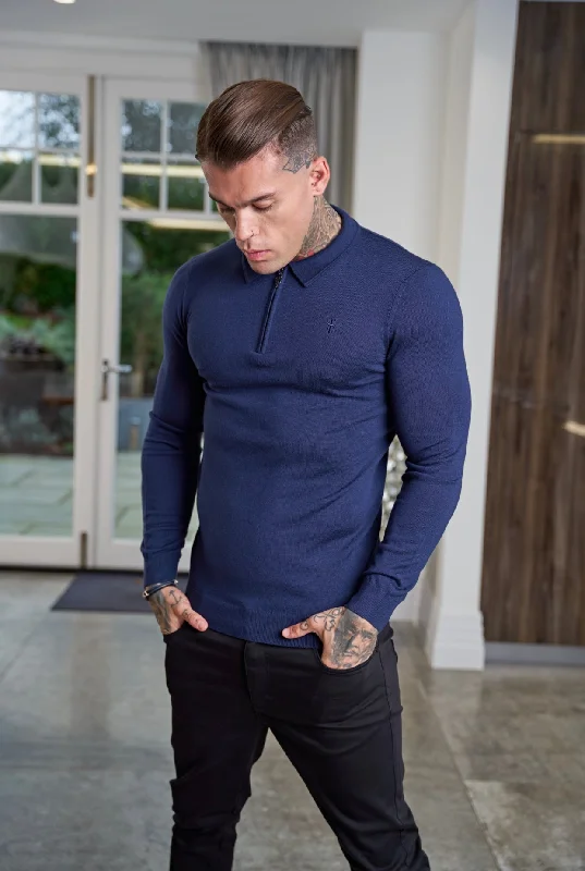 Weekend Savings Bonanza Father Sons Classic Navy Merino Wool Knitted Zip Polo Long Sleeve Jumper With FS Embroidery- FSN007 Weekend Savings Bonanza Father Sons Classic Navy Merino Wool Knitted Zip Polo Long Sleeve Jumper With FS Embroidery- FSN007