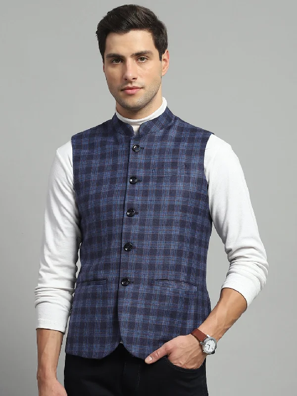 Big Discounts Men Blue Solid Band Collar Sleeveless Jacket