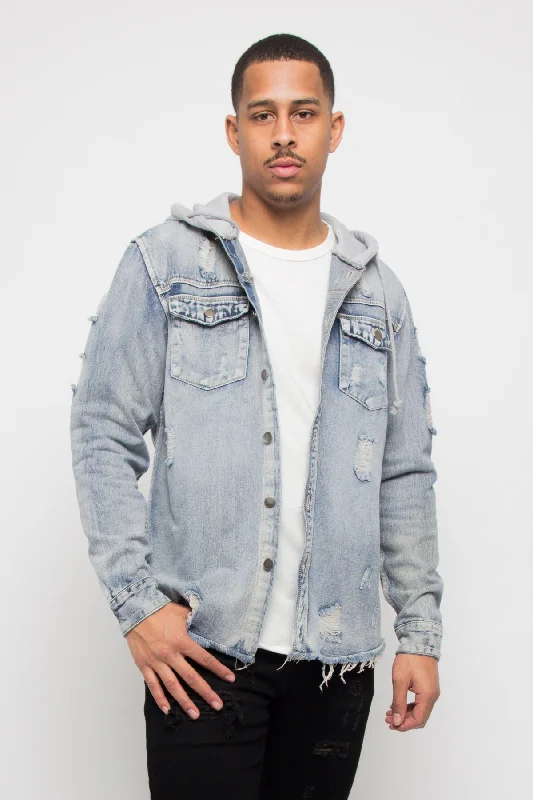 Weekend Flash Sale Hooded Distressed Denim Button Up Shirt